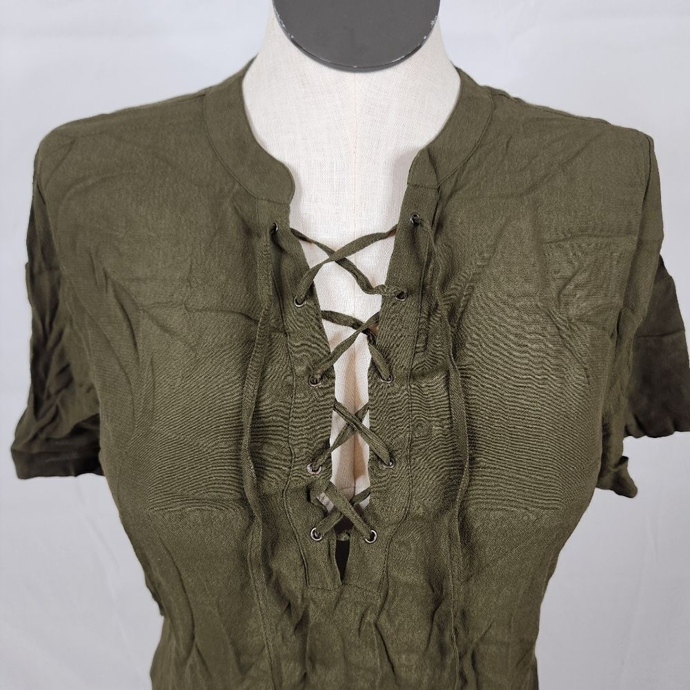 Madewell Olive Green Lace Up Shift Dress Boho T Shirt Mini Sz M Novella - Picture 5 of 14